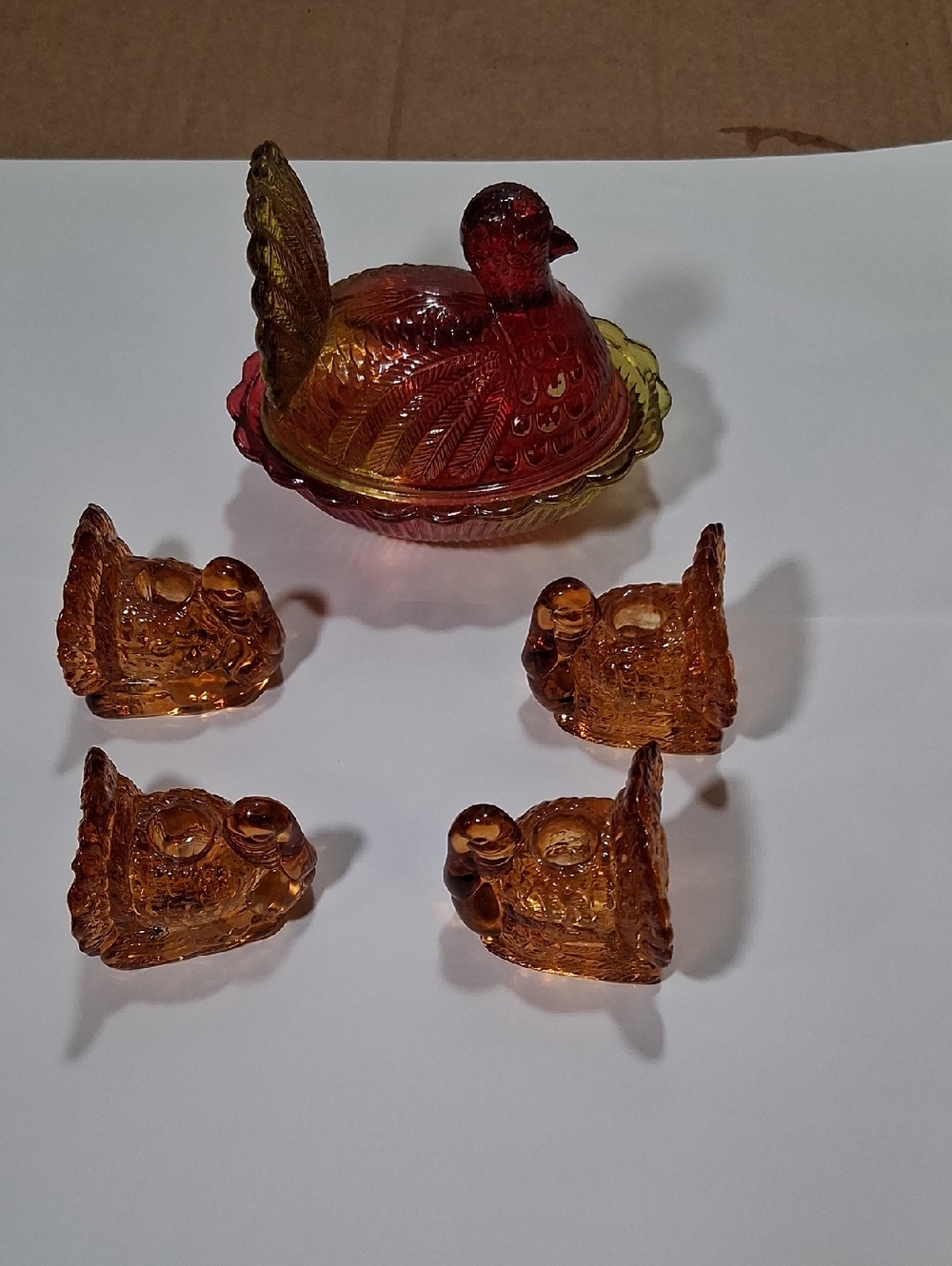 Vintage Amberina Glass Nesting Robin Nest Bird & Four Robin Chicks GlassTealites